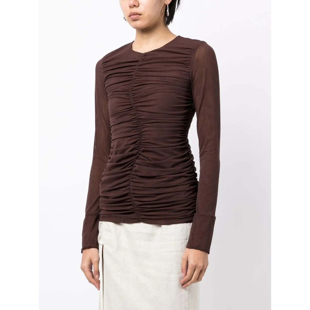 SIR Jacques Mesh Gathered Top Womens XL Brown Ruched Long Sleeve Stretch Sheer